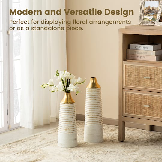 Glitzhome® Modern White & Gold Striped Metal Floor Vases Set
